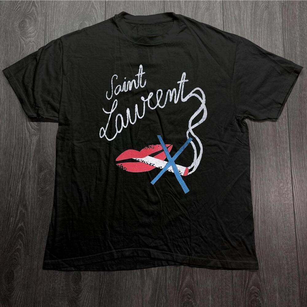 Black Saint Laurent Cotton T-Shirt With Red Lips And White Cross